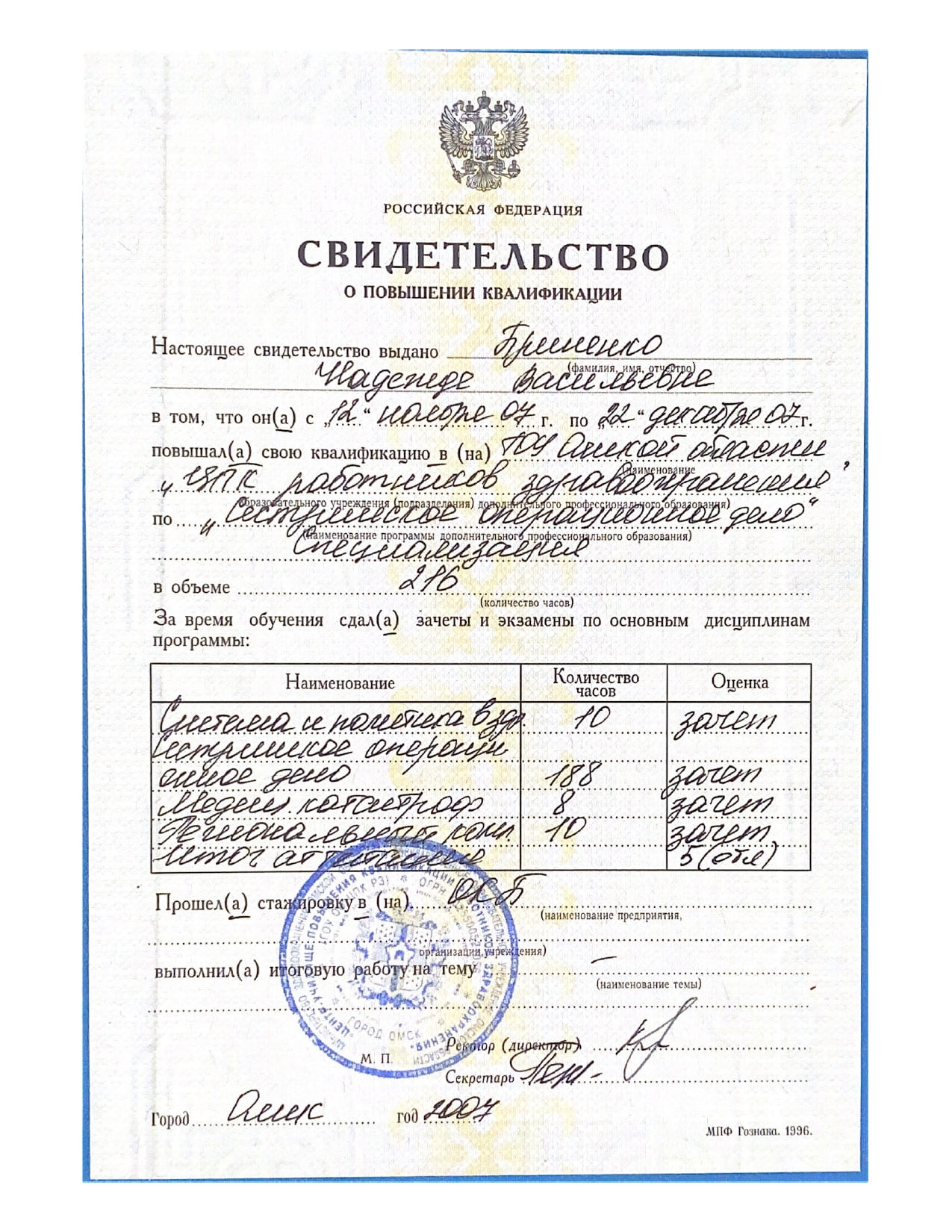 Диплом и сертификат  Бриненко Надежда Васильевна