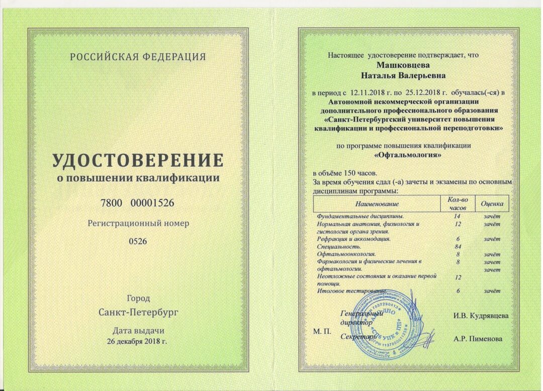 Диплом и сертификат  Машковцева Наталья Валерьевна