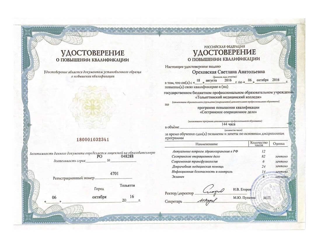 Диплом и сертификат  Ореховская Светлана Анатольевна