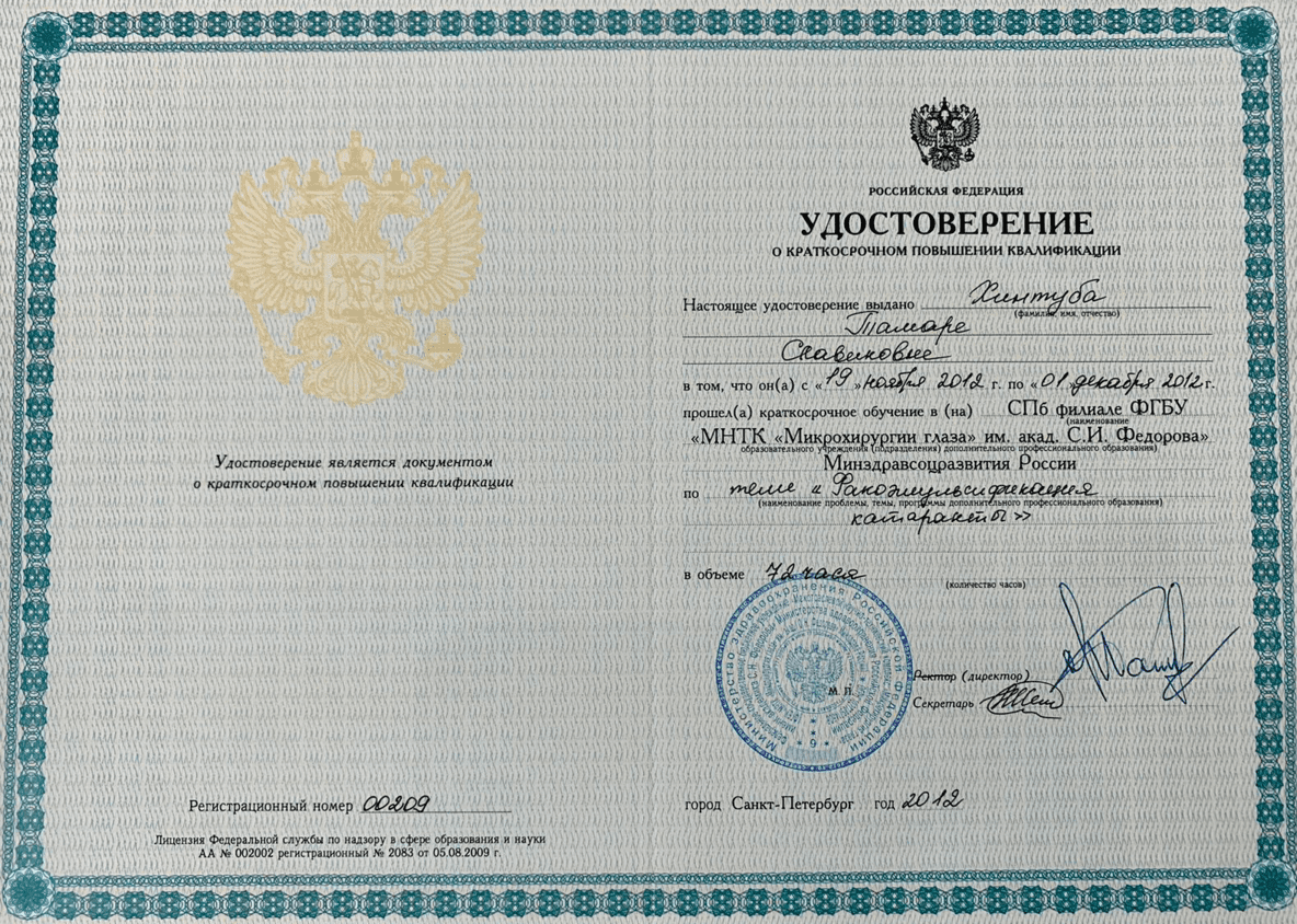 Диплом и сертификат  Хинтуба Тамара Славиковна