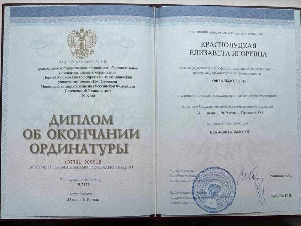 Диплом и сертификат  Краснолуцкая Елизавета Игоревна